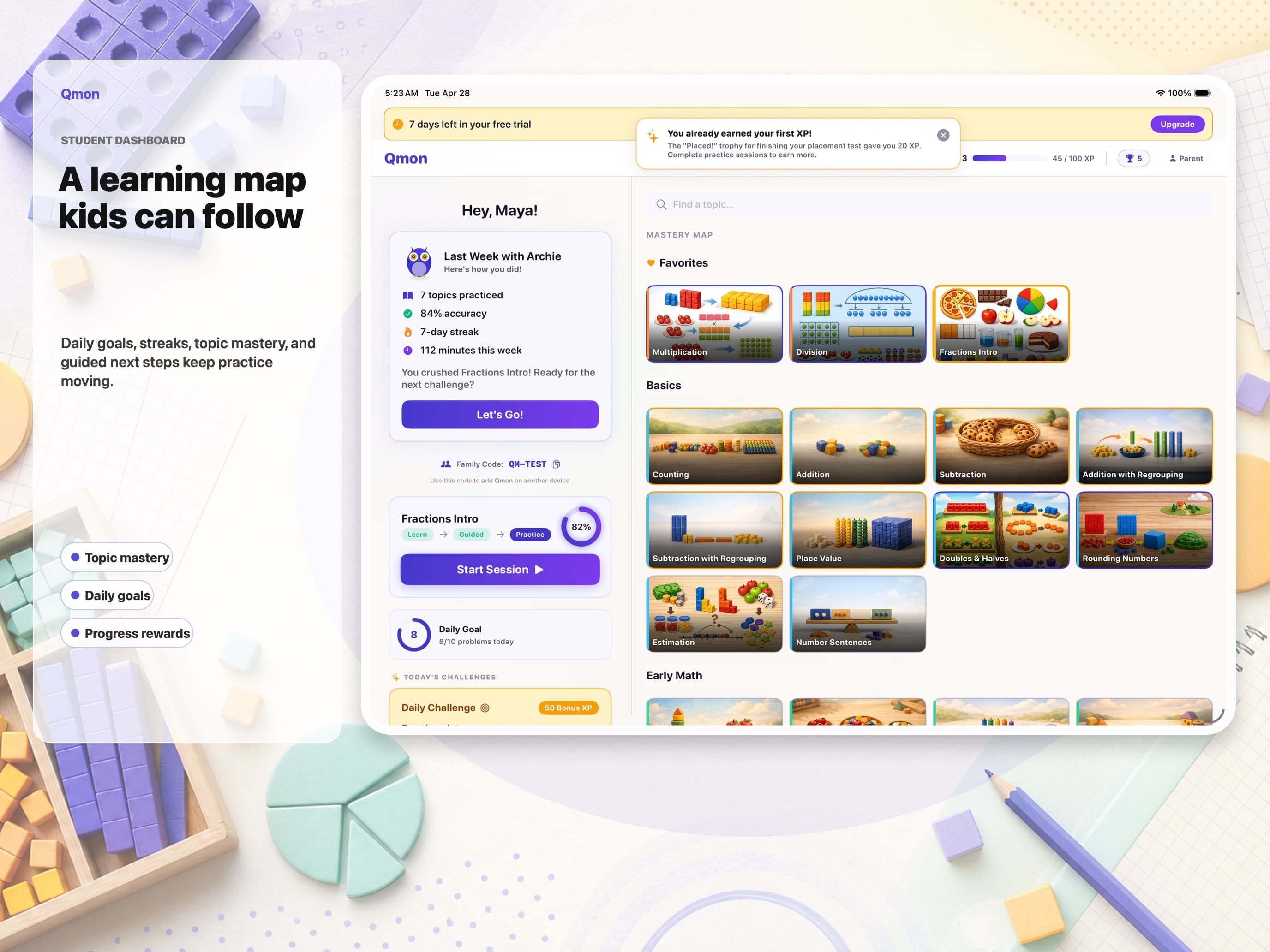 Qmon iPad learning map with math topics and progress cards