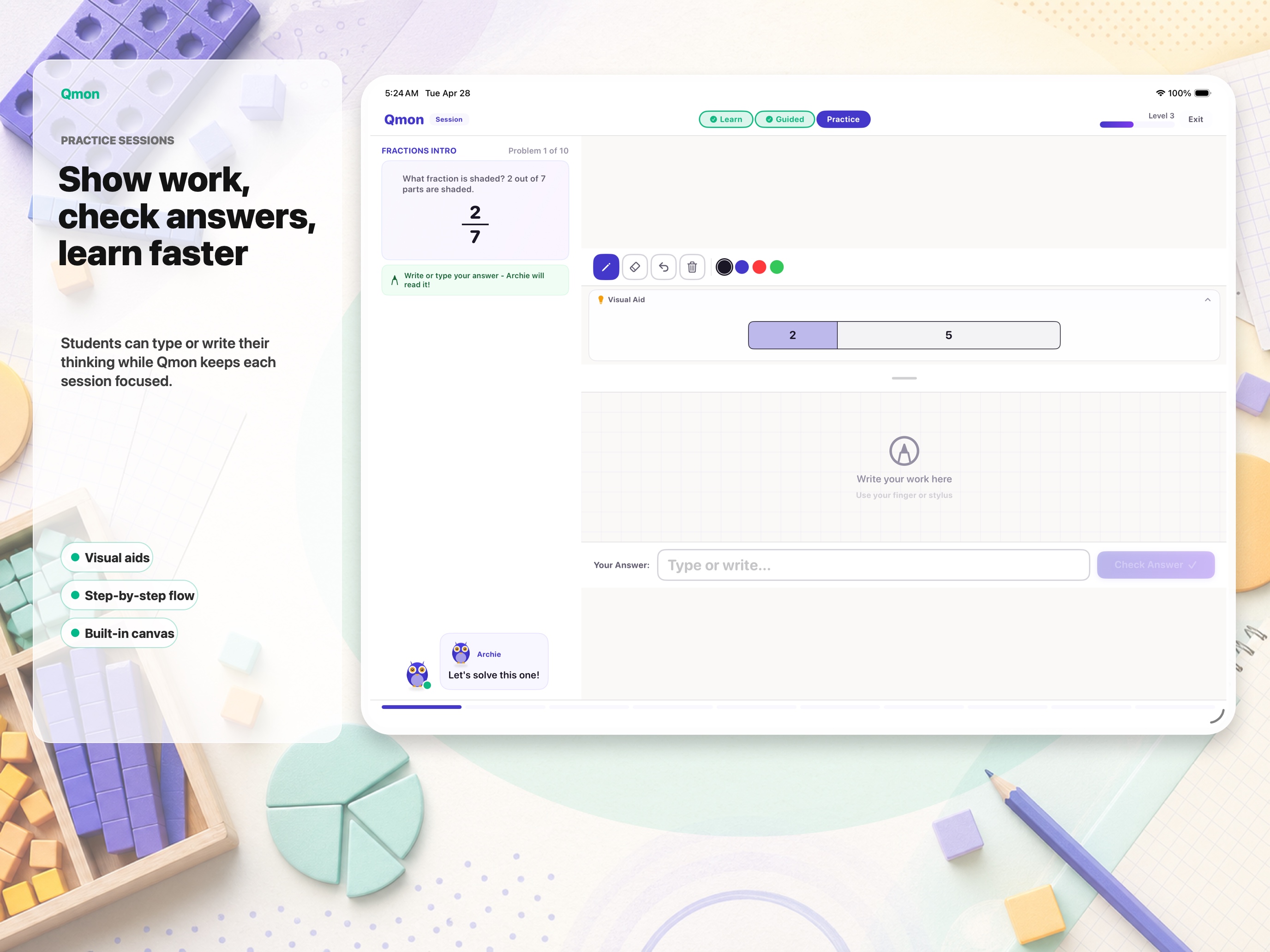 Qmon guided practice screen with answer choices and workspace