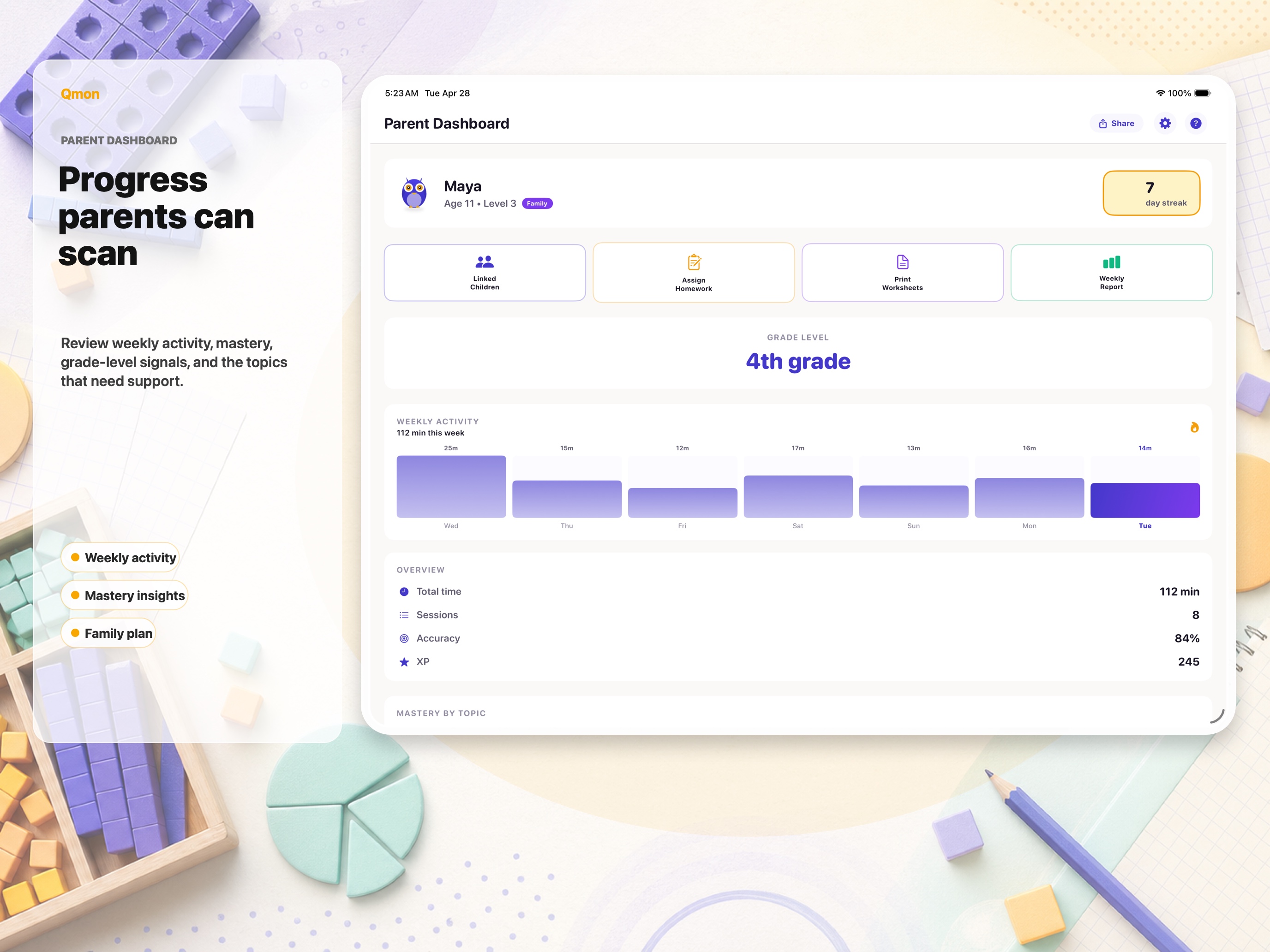 Qmon parent progress dashboard on iPad